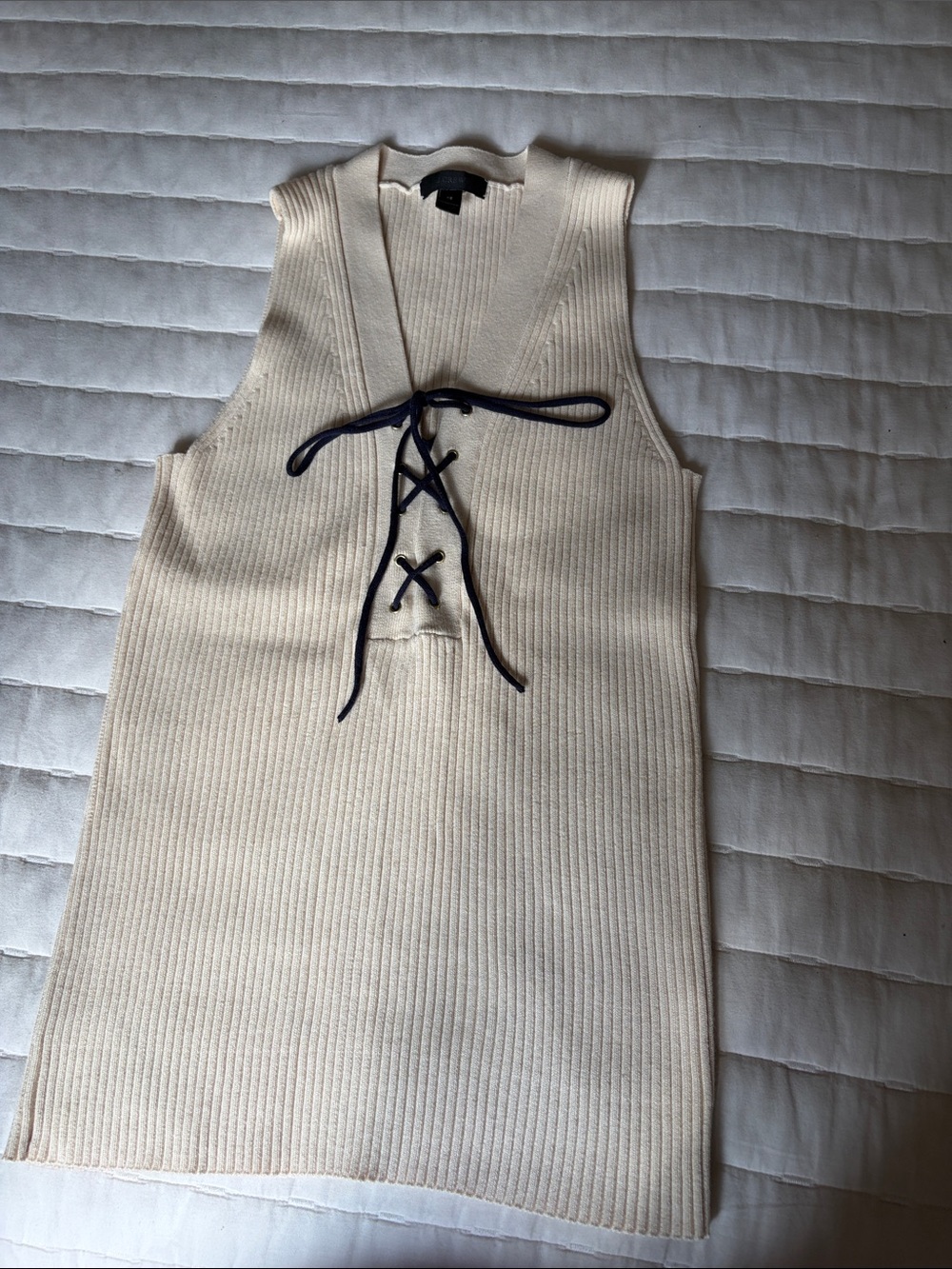 J. Crew Cream Ribbed Sleeveless Sweater with Navy Lace-Up Front